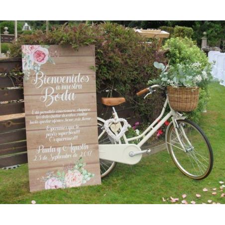 Cartel bienvenida fonde de madera y flores
