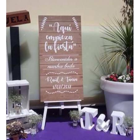 Cartel para bodas en madera "Aquí comienza la fiesta"