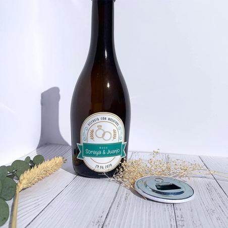 Pack Abridor Botella y Pegatina Boda