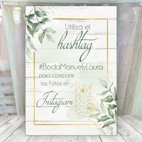 Cartel Hashtag Madera Blanca y Oro