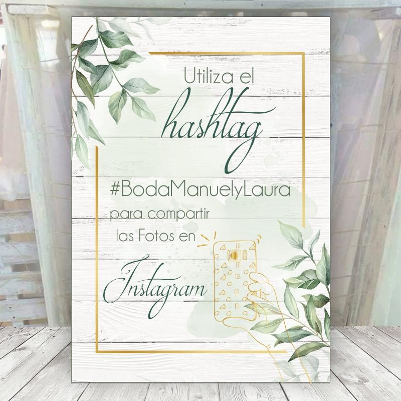 Cartel Hashtag Madera Blanca y Oro