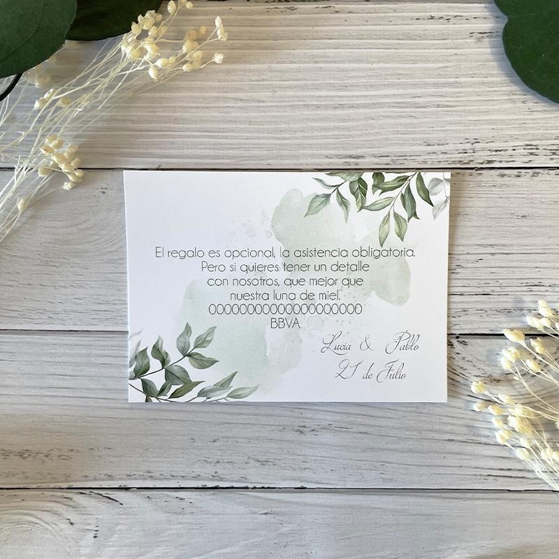 Tarjeta Datos Bancarios Boda Hojas