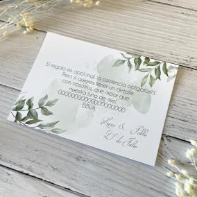 Tarjeta Datos Bancarios Boda Hojas