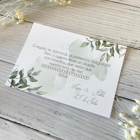 Tarjeta Datos Bancarios Boda Hojas
