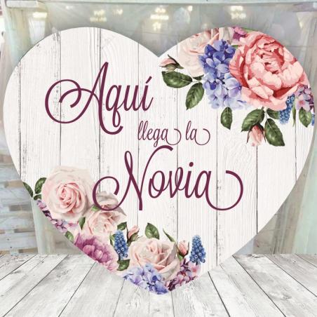 Cartel Corazon Novia Madera y Rosas