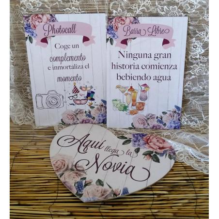 Cartel Corazon Novia Madera y Rosas