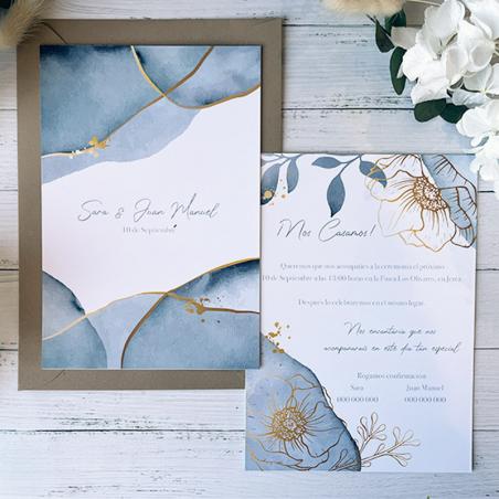 Invitación de Boda Mármol Azul Dorado