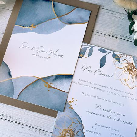 Invitación de Boda Mármol Azul Dorado