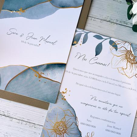 Invitación de Boda Mármol Azul Dorado