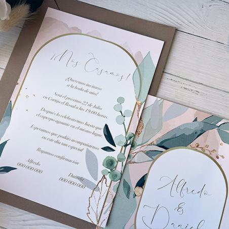 Invitación Hojas Oro y Acuarela