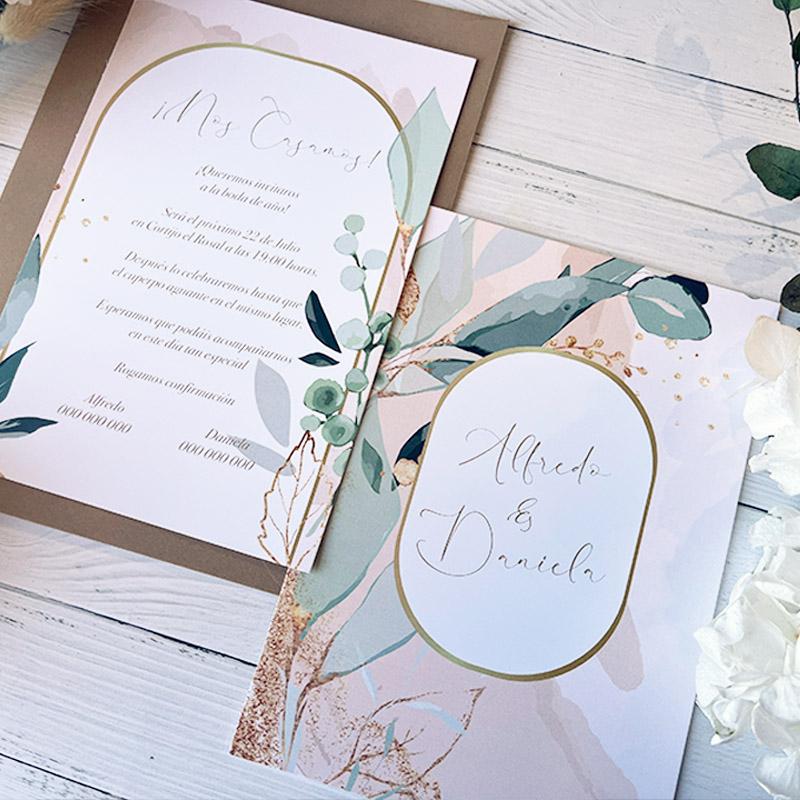 Invitación Hojas Oro y Acuarela