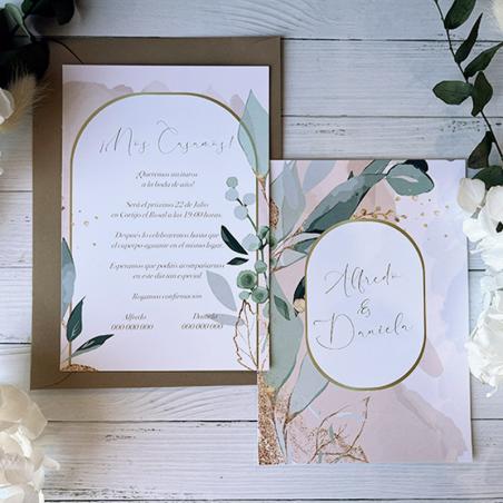 Invitación Hojas Oro y Acuarela