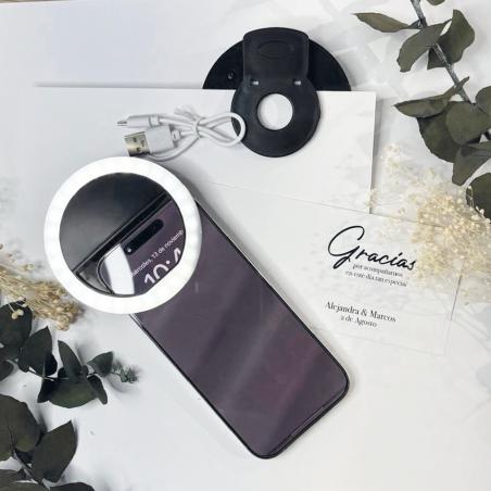 Anillo de luz para movil con tarjeta personalizada