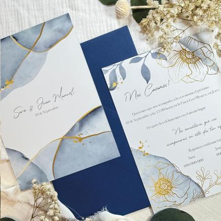 Invitación de Boda Mármol Azul Dorado