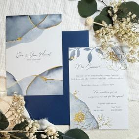 Invitación de Boda Mármol Azul Dorado