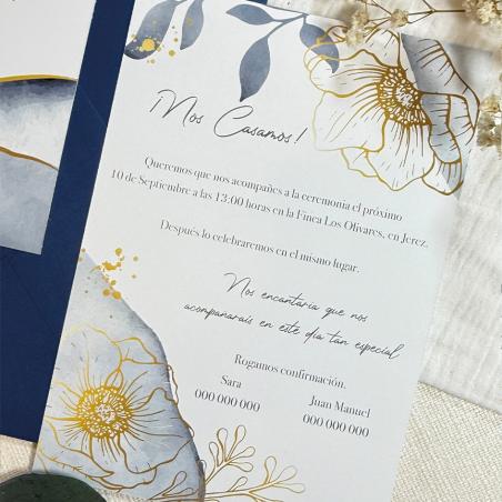 Invitación de Boda Mármol Azul Dorado